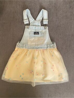 Jordache Light Wash Denim Bib Overall Dress with Yellow Tulle Skirt
